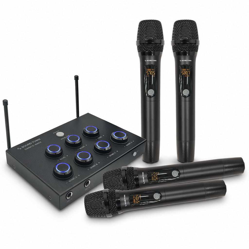 Sound Town SWM15-4MAX | 32-Channel Wireless Microphone Karaoke Mixer with 4 Rechargeable Metal Mics, Optical (Toslink), AUX for Smart TVs, Soundbars & Home Receivers - Angle View