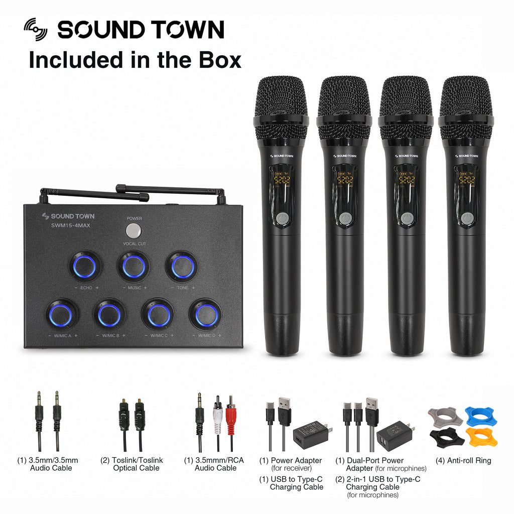 SWM15-4MAX | 32-Channel Wireless Microphone Karaoke Mixer with 4 Rechargeable Metal Mics, Optical (Toslink), AUX for Smart TVs, Soundbars & Home Receivers - Package Contents