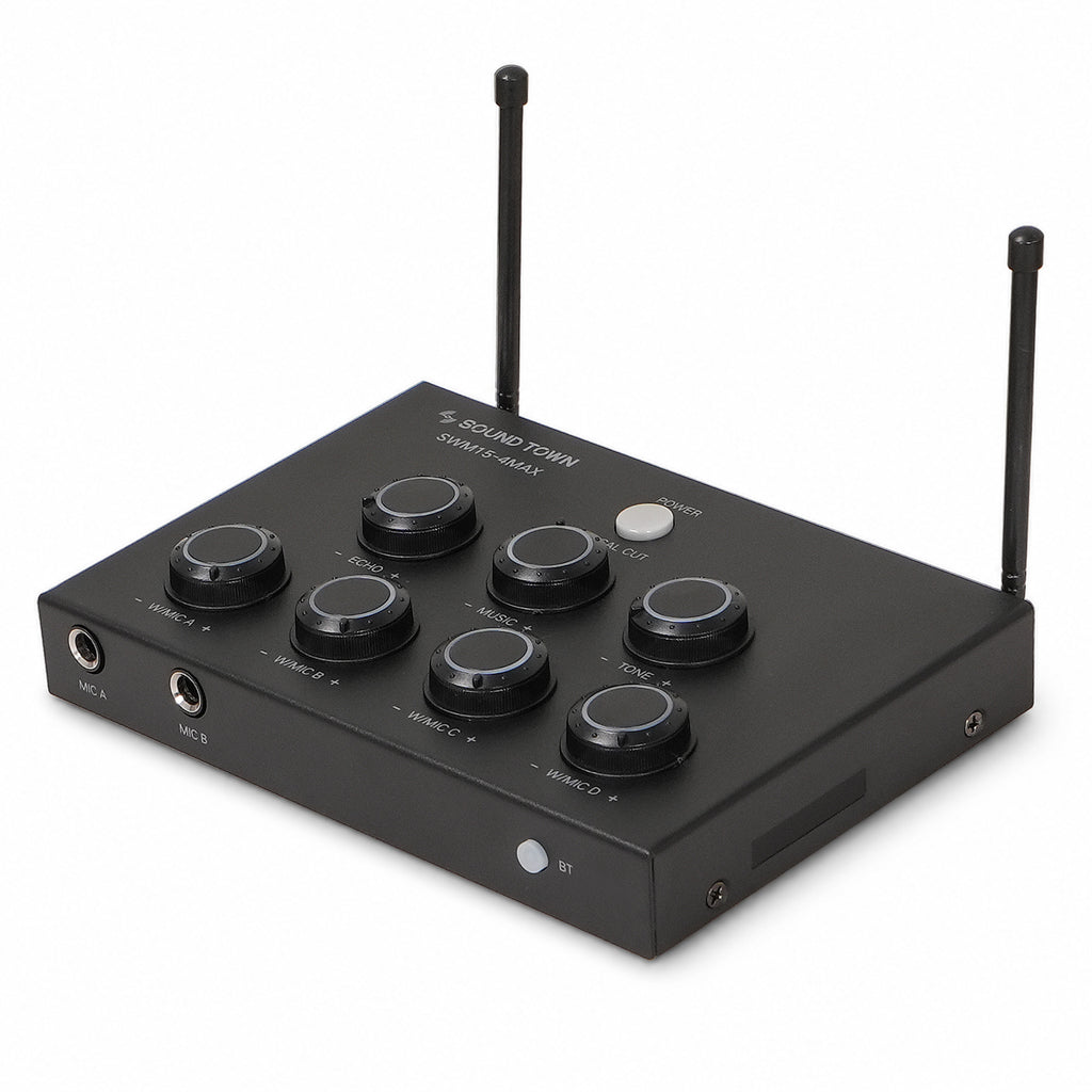 SWM15-4MAX | 32-Channel Wireless Microphone Karaoke Mixer with 4 Rechargeable Metal Mics, Optical (Toslink), AUX for Smart TVs, Soundbars & Home Receivers - Side Panel