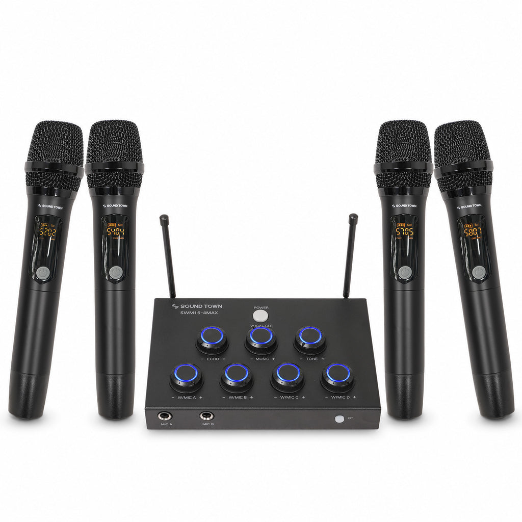 Sound Town SWM15-4MAX | 32-Channel Wireless Microphone Karaoke Mixer with 4 Rechargeable Metal Mics, Optical (Toslink), AUX for Smart TVs, Soundbars & Home Receivers - Front View