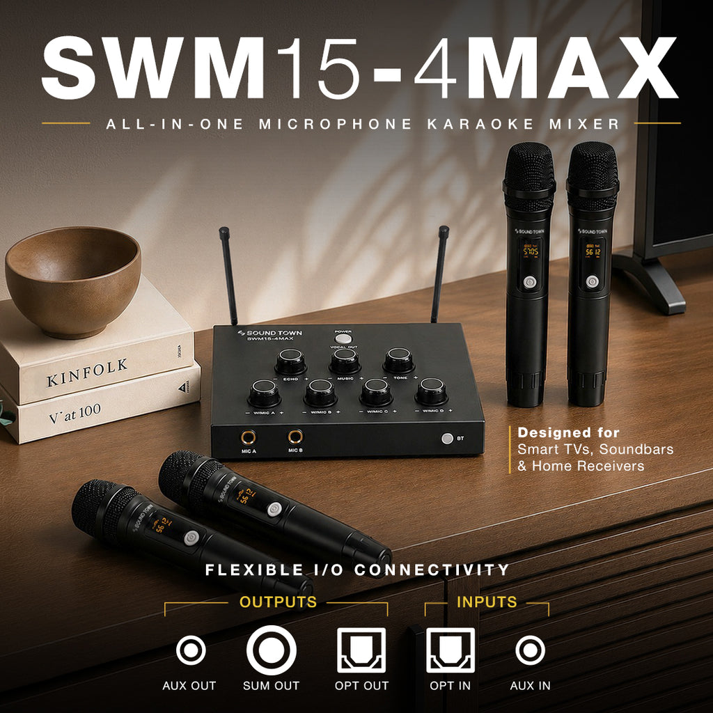 The Sound Town SWM15-4MAX is a wireless karaoke mixer system with four rechargeable metal microphones, built-in mixing controls, 32 selectable UHF frequencies, and up to 100 ft of operating range. Featuring Optical (Toslink), AUX, and Bluetooth connectivity, it integrates with compatible smart TVs, soundbars, home receivers, and powered speakers for home karaoke, parties, weddings, bars, and small events.