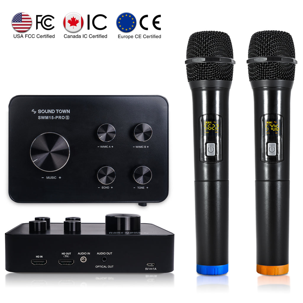 Sound Town SWM15-PROS Wireless Microphone Karaoke Mixer System w/ HDMI ARC, Optical, AUX, Bluetooth, Selectable Frequencies - Supports Smart TV, Sound Bar, Media Box, Receiver - USA FCC Certified, Canada IC Certified, Europe CE Ceritified