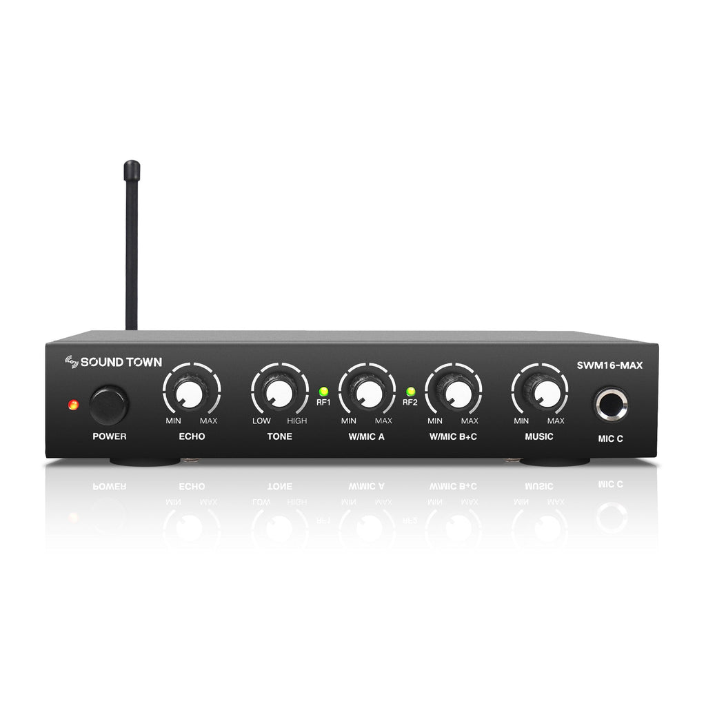 Sound Town SWM16-MAX Wireless Microphone Karaoke Mixer System w/ HDMI ARC, Optical, AUX, Bluetooth, Supports Smart TV, Media Box, PC, Sound Bar, Receiver - Front Panel