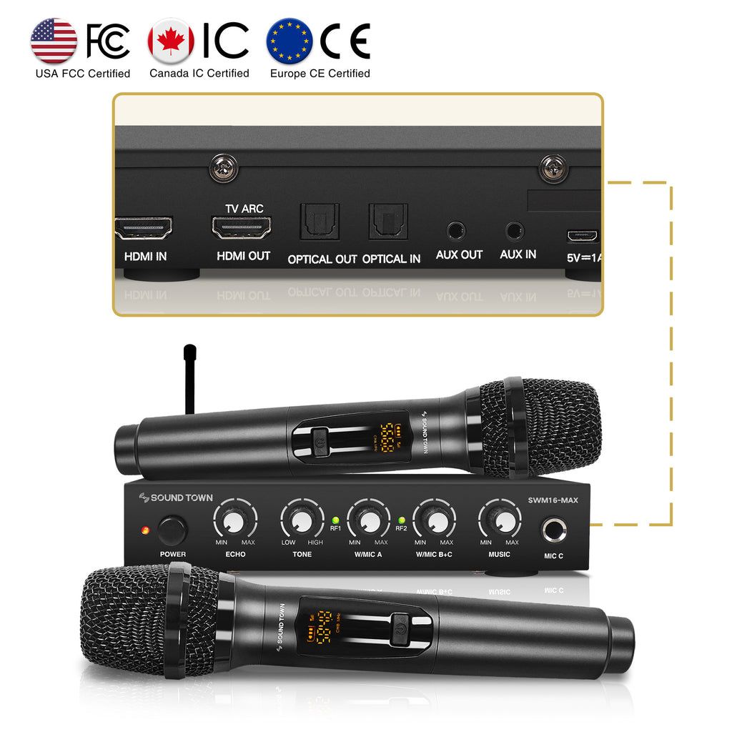 Sound Town SWM16-MAX | Wireless Microphone Karaoke Mixer System w/ HDMI ARC, Optical, AUX, Bluetooth, Supports Smart TV, Media Box, PC, Sound Bar, Receiver - USA FCC Certified, Canada IC Certified, Europe CE Ceritified