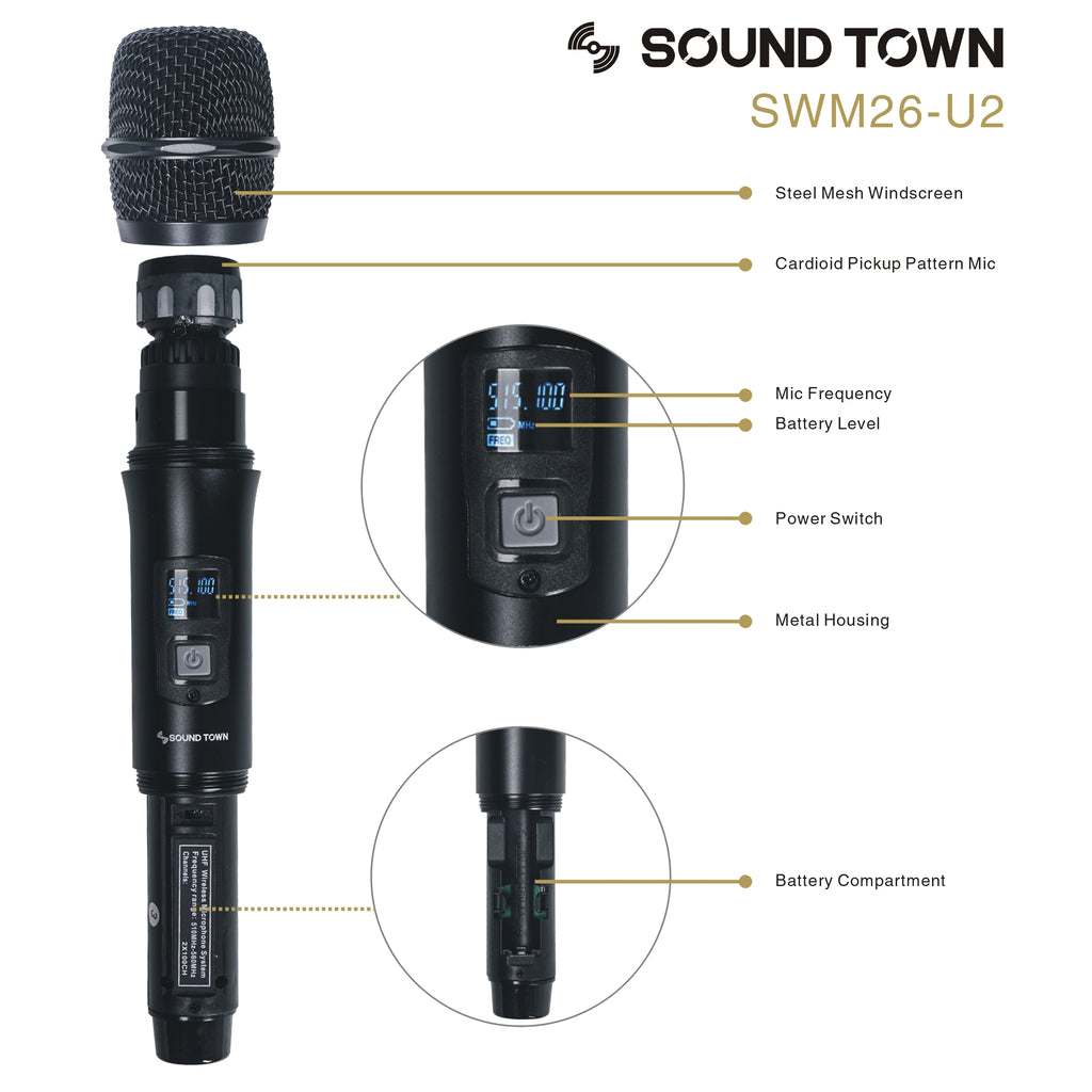 Sound Town SWM26-U2HL-R | REFURBISHED: SWM26 Series Metal 200 Channels UHF Wireless Microphone System with 2 Wireless Microphones and Auto Scan, for Church, School, Outdoor Wedding, Meeting, Party and Karaoke