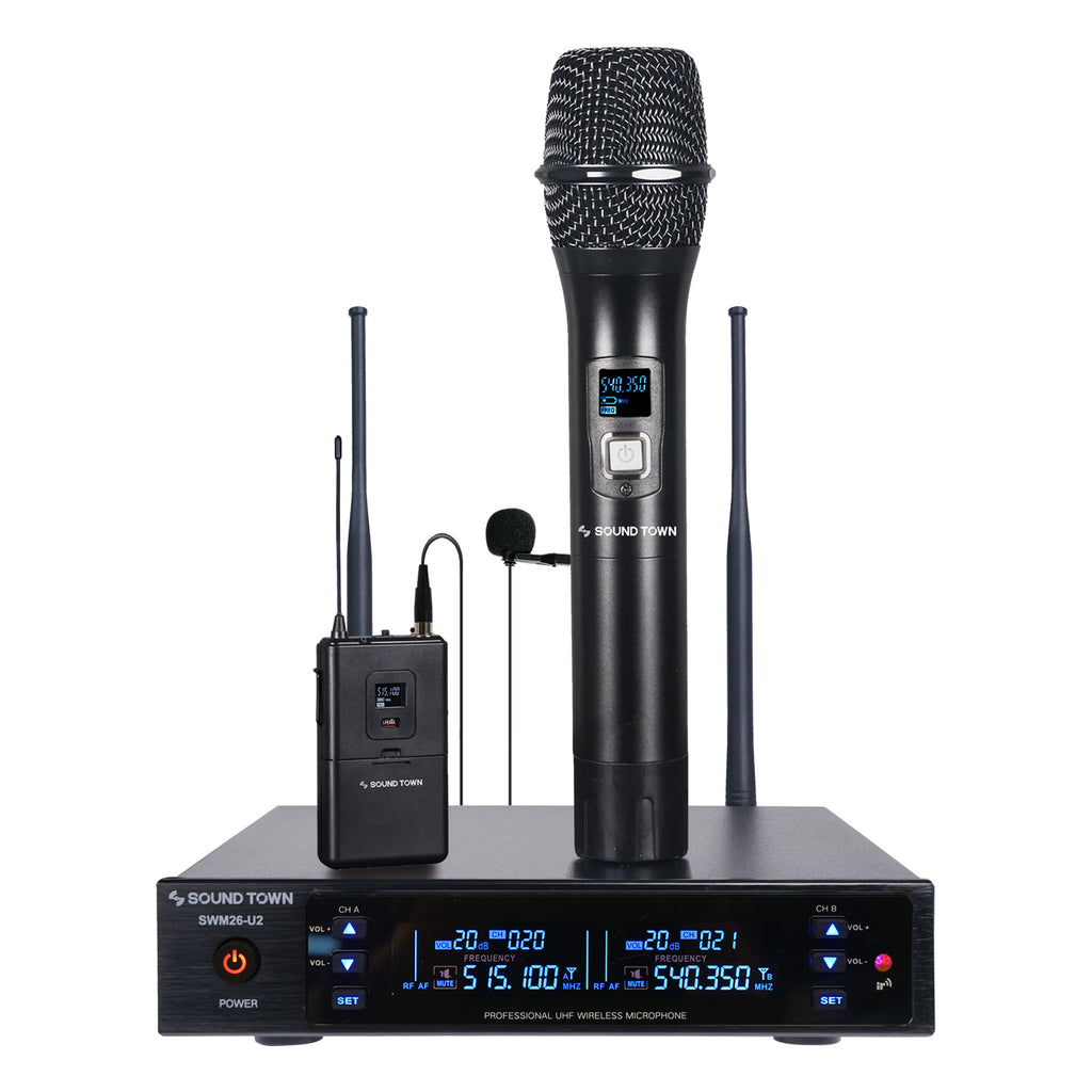 Sound Town SWM26-U2HL-R | REFURBISHED: SWM26 Series Metal 200 Channels UHF Wireless Microphone System with 1 Handheld Mic, 1 Lavalier Mic and Auto Scan for Church, School, Outdoor Wedding, Meeting, Party and Karaoke