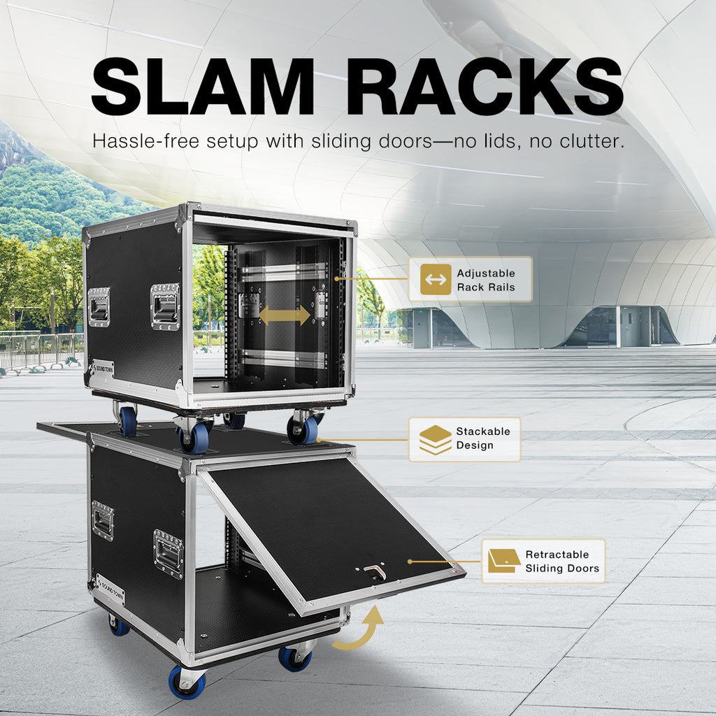 Sound Town Slam Rack Road Case with Retractable Sliding Doors, Adjustable Depth, Stackable Design, Casters, 12mm PVC-Laminated Plywood, for PA/DJ Gear for Live Events, Mobile Rigs, and Fixed Installations - STPR-8, STPR-10, STPR-12