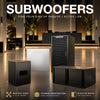 Find the right low-end sound for your setup and budget. Sound Town offers powered and passive subwoofers from 8" to 18", with single- and dual-driver options. Select models feature Class-D amplification, DSP, adjustable low-pass filtering, folded-horn enclosures, and black or white finishes. Explore options for DJ setups, live events, clubs, schools, houses of worship, touring rigs, and permanent installations.