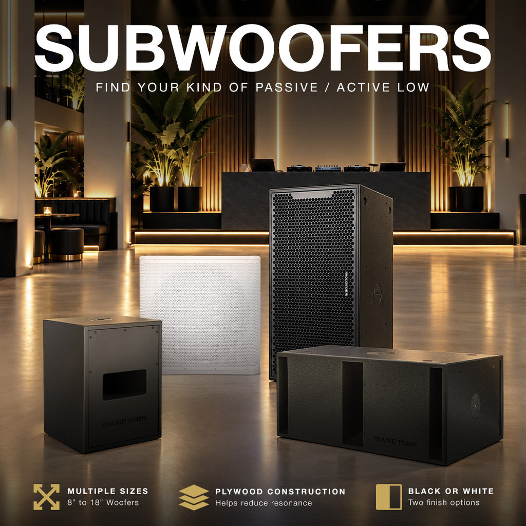 Find the right low-end sound for your setup and budget. Sound Town offers powered and passive subwoofers from 8" to 18", with single- and dual-driver options. Select models feature Class-D amplification, DSP, adjustable low-pass filtering, folded-horn enclosures, and black or white finishes. Explore options for DJ setups, live events, clubs, schools, houses of worship, touring rigs, and permanent installations.