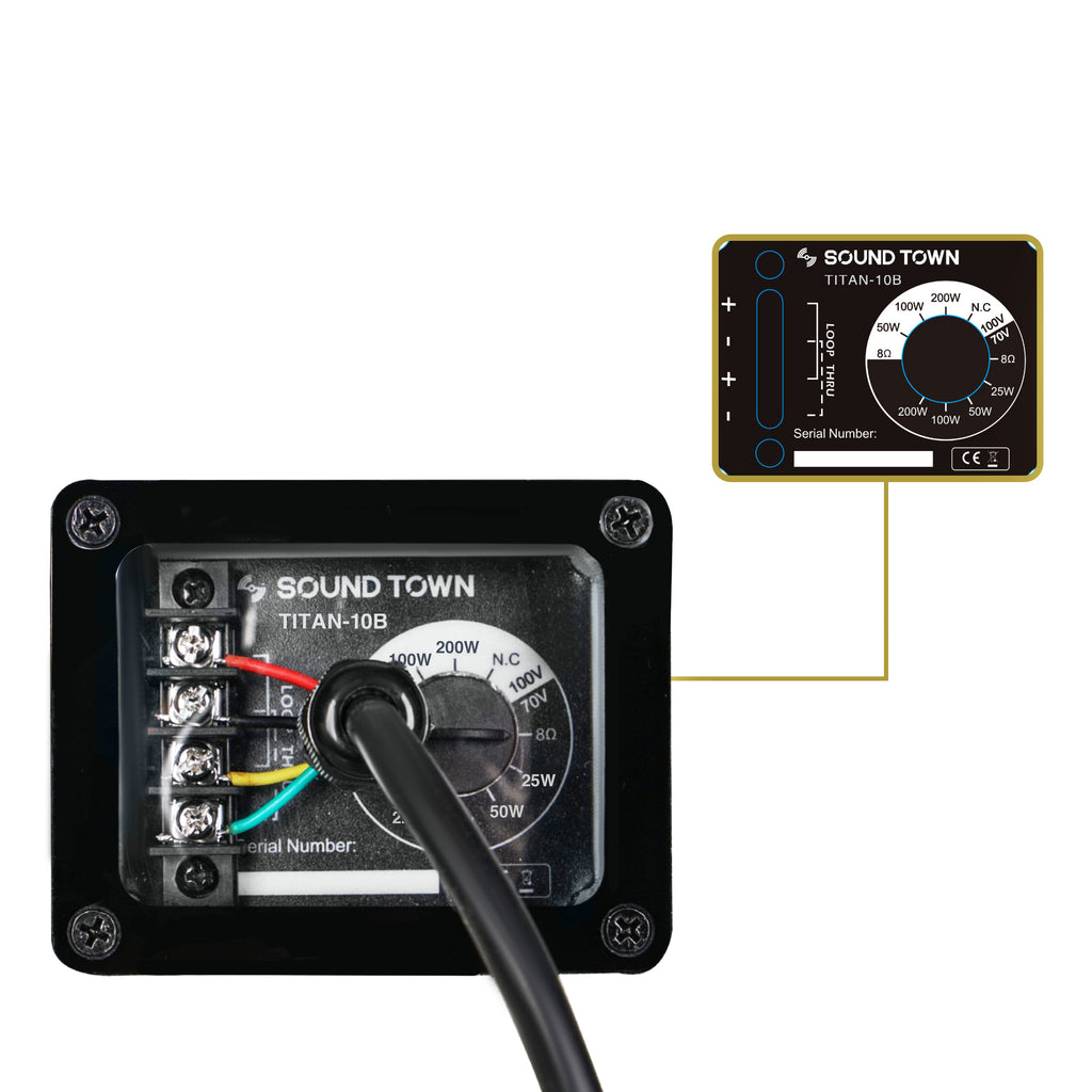 Sound Town TITAN-10B | 2-Way 10" Weatherproof IP66 Coaxial Loudspeaker with Surface-Mount U-Bracket for Outdoor Installations, 70V/100V/8Ω, Black - Waterproof 4 Pin Terminal Strip Connector