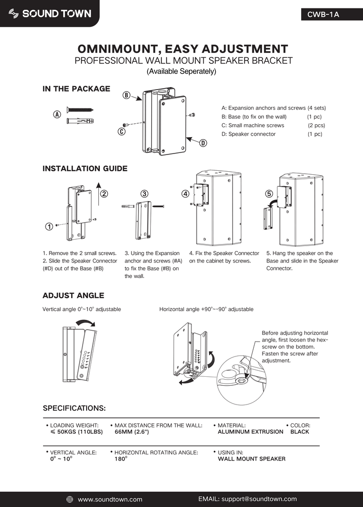 Sound Town TITAN-10G | 2-Way 70V/100V 10" Coaxial Weather-Resistant Installation Loudspeaker w/ U Bracket, Gray - CWB-1A Universal Speaker Wall Mount Bracket User Manual with package content, installation guide, adjust angle and specifications. how to install.