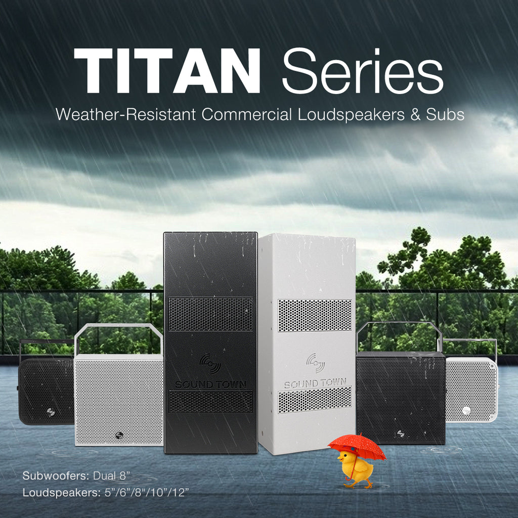 Sound Town TITAN Series IP55 Weather-Resistant 70V/100V/8-Ohm Commercial Audio Wall-Mount/Surface-Mount Loudspeakers and Subwoofers for Installation