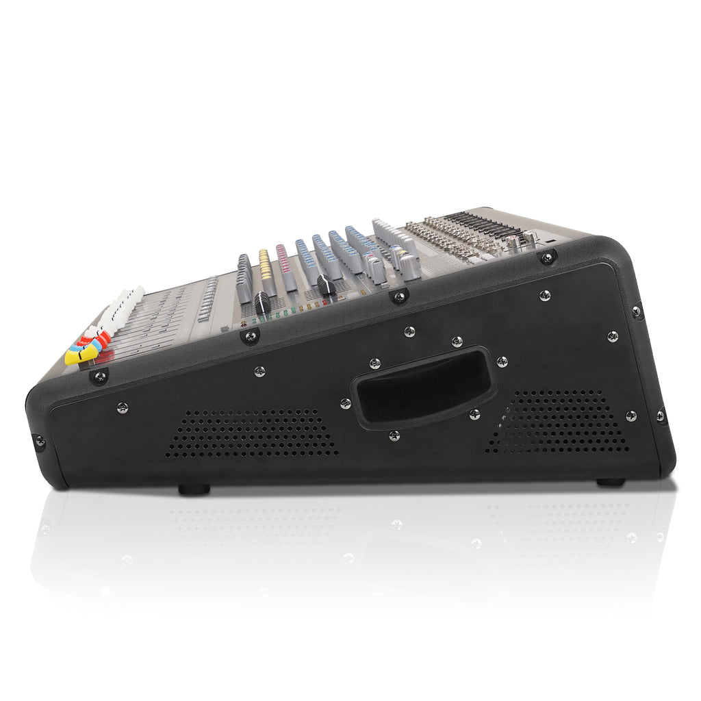 Sound Town TRITON-142PW-R | REFURBISHED: 14-Channel 2x800W Powered Mixer w/ 2 Bus, DSP effects, USB MP3, Dual 7-band EQ, Phantom Power-Side View with Handle 
