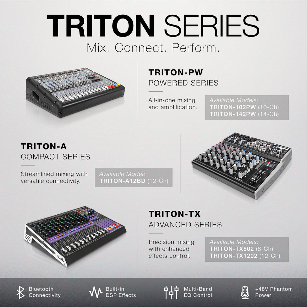 The TRITON Series features professional audio mixers in compact, powered, and advanced configurations. Bluetooth, USB, DSP effects, EQ, and +48V phantom power provide flexible connectivity and precise sound control. Select models add USB recording, MP3 playback, integrated amplification, and expanded channels for live sound, recording, streaming, church audio, and mobile production.