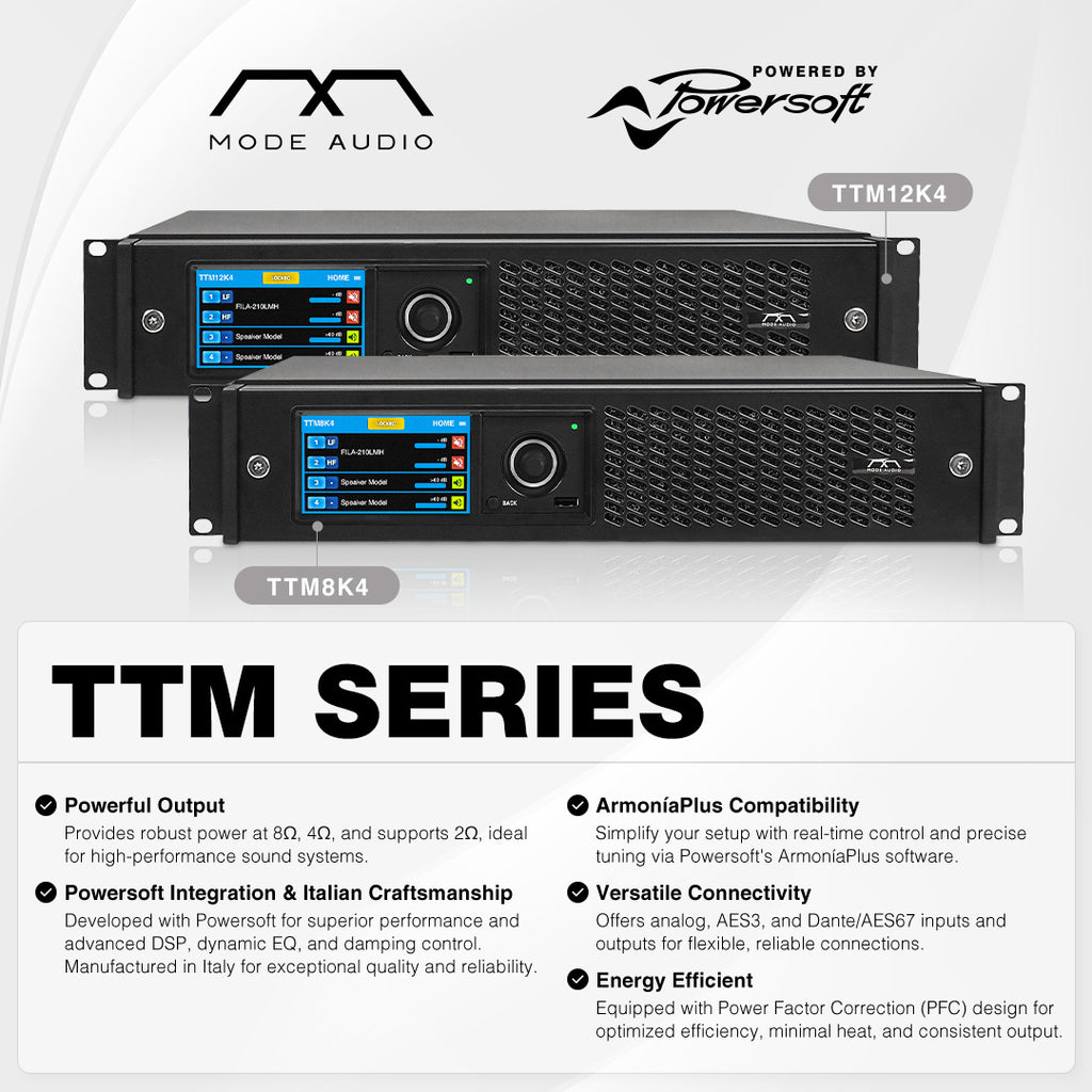 Sound Town TTM8K4, TTM12K4 | 4-Channel Class-D Amplifiers, DSP, Dante, FIR, PFC, 4Ω, ARMONÍA PLUS, Supports 2Ω & Q-SYS, Powersoft OEM, Made in Italy-Energy Efficient Performance