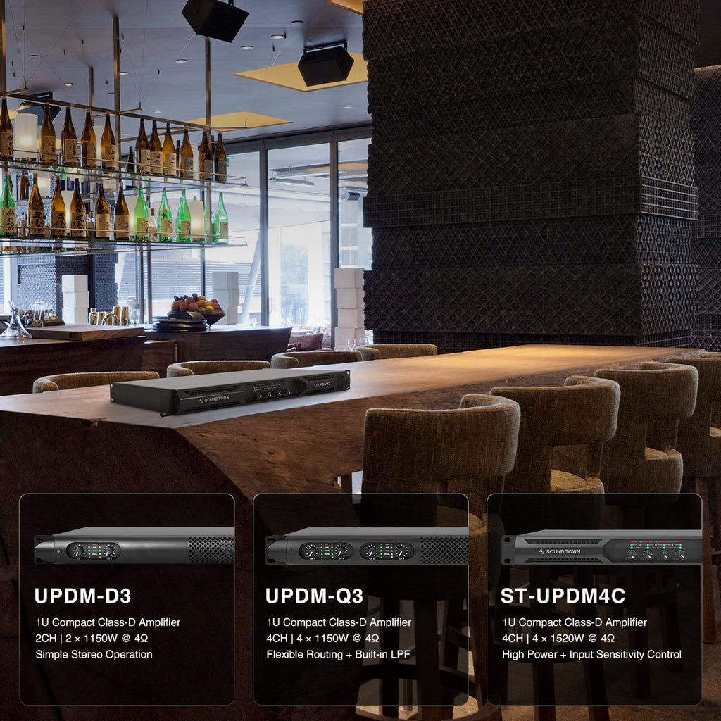 Sound Town UPDM Series Lightweight & Compact 1U Efficient Class-D Power Amplifiers - 2-Channel, 4-Channel, Unipolar Pulse Density Modulation
