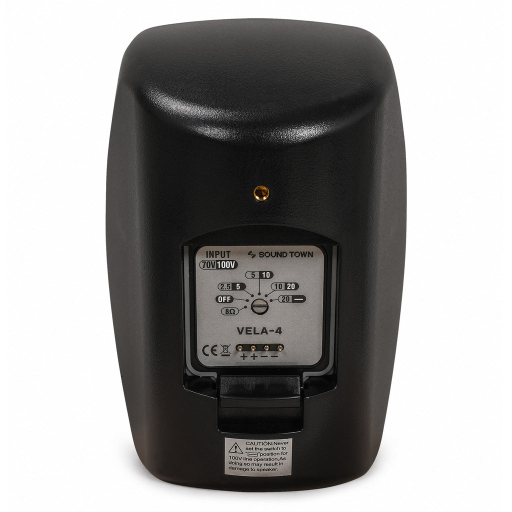 Sound Town VELA-4B-PAIR | VELA Series Pair of 4" Weatherproof IP55 Surface-Mount Speakers, 70V/100V/8Ω for Indoor and Outdoor Commercial Installations, Black - Back Panel