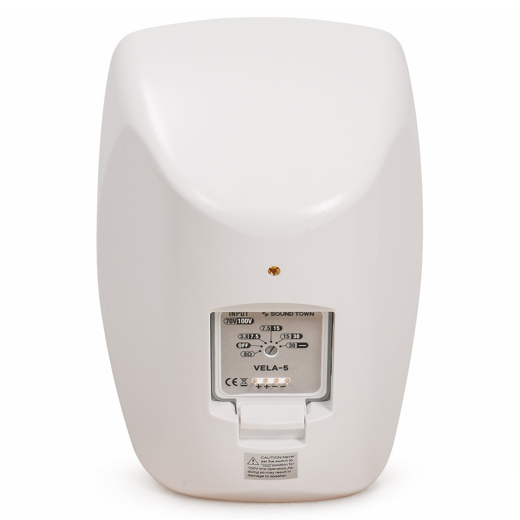 Sound Town VELA-5W-PAIR | VELA Series Pair of 5.25" Weatherproof IP55 Surface-Mount Speakers, 70V/100V/8Ω for Indoor and Outdoor Commercial Installations, White - Back Panel