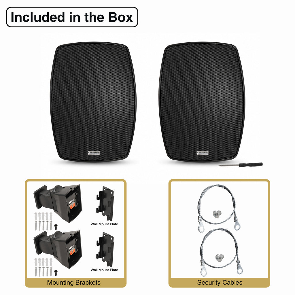 Sound Town VELA-6B-PAIR | VELA Series Pair of 6.5" Weatherproof IP55 Surface-Mount Speakers, 70V/100V/8Ω for Indoor and Outdoor Commercial Installations, Black - Included in the Box, Package Contents
