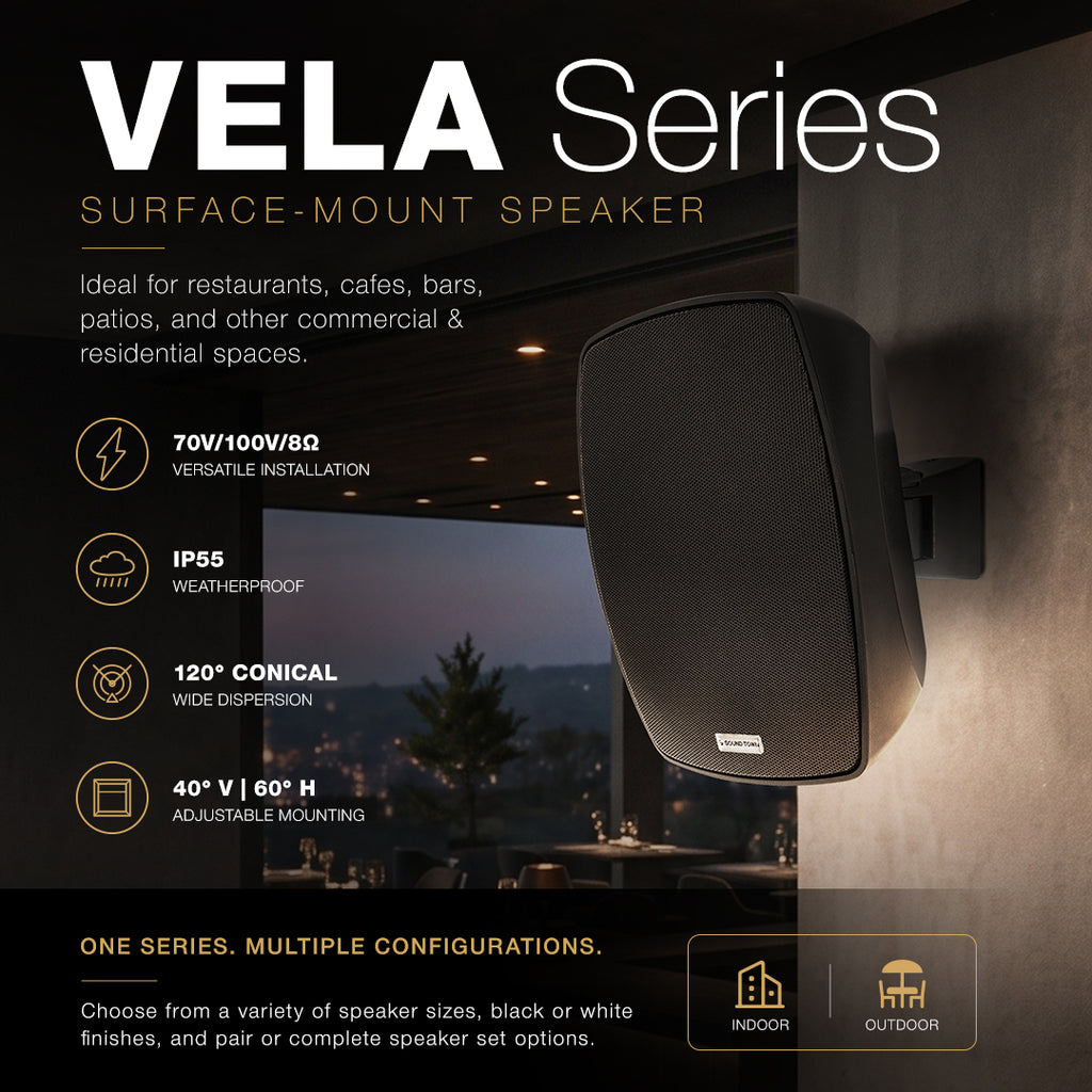 The Sound Town VELA Series offers IP55 weather-resistant surface-mount speakers for indoor and outdoor commercial or residential installations. Available in black or white, as speaker pairs or complete amplifier packages, each model supports 70V/100V and 8Ω systems and includes adjustable mounting brackets. Ideal for restaurants, retail spaces, hospitality venues, houses of worship, patios, and more.