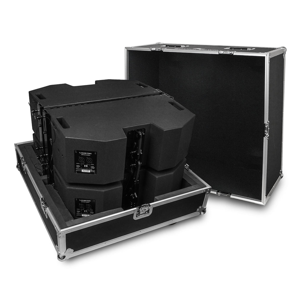 Sound Town Z208BX4-IFC | ZETHUS Series 4 x Dual 8” Line Array Loudspeaker System with Flight Case, Full-Range/Bi-Amp Switchable, Black - Road Case