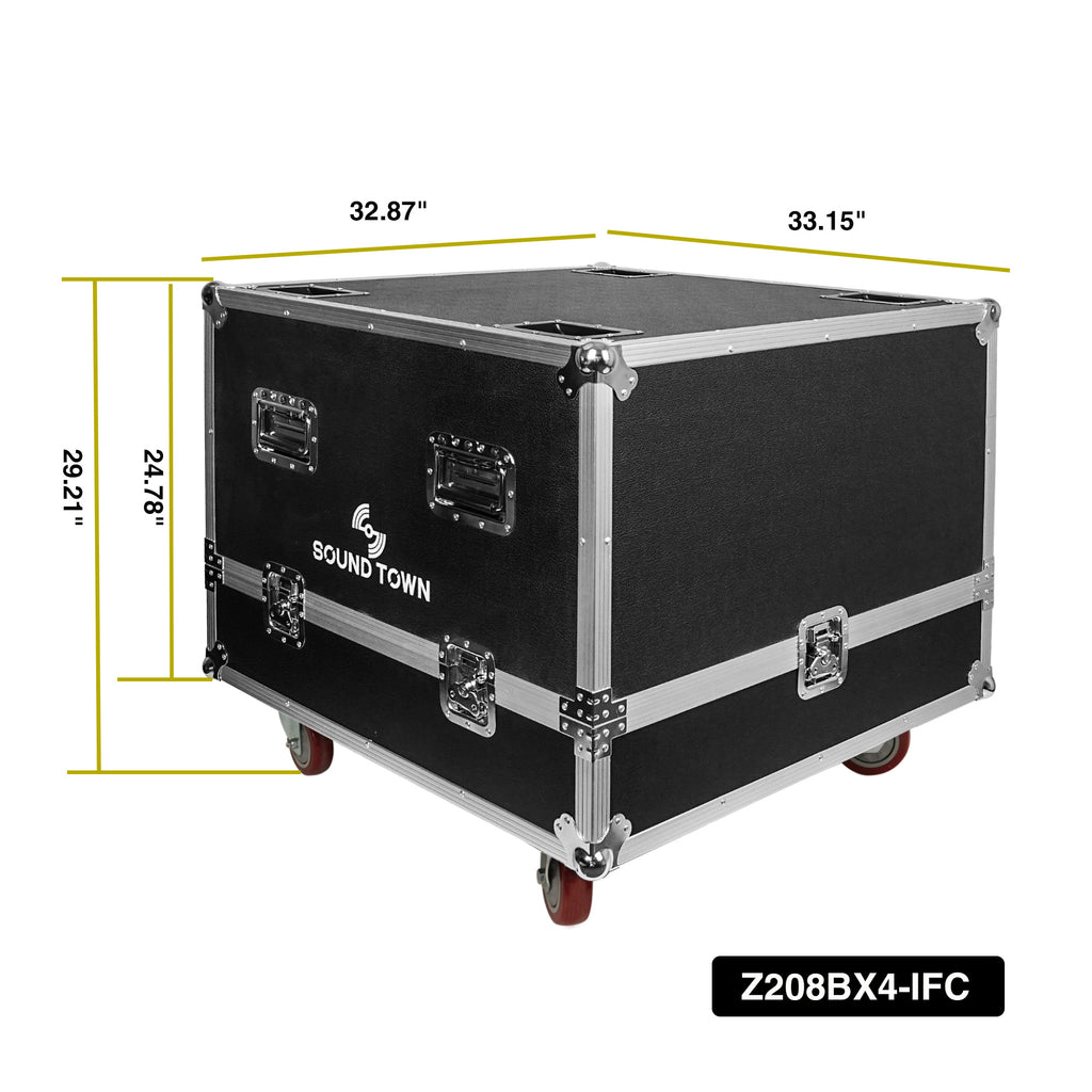 Sound Town Z208BX4-IFC | ZETHUS Series 4 x Dual 8” Line Array Loudspeaker System with Flight Case, Full-Range/Bi-Amp Switchable, Black - Size and Dimensions