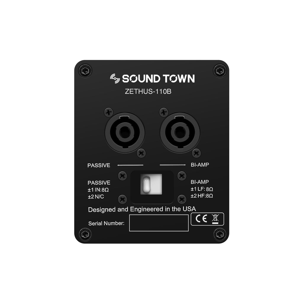 Sound Town ZETHUS-110 | 10” Passive Two-Way Line Array Loudspeaker, Full-Range/Bi-Amp Switchable, Birch Plywood, Black - Jack Plate