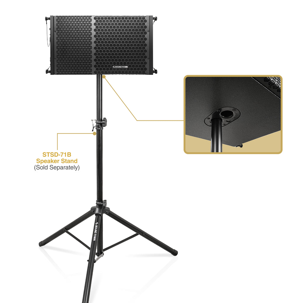 Sound Town ZETHUS-110 | 10” Passive Two-Way Line Array Loudspeaker, Full-Range/Bi-Amp Switchable, Birch Plywood, Black - Pole-Mounted Via the Integrated Dual 35mm Sockets with the STSD-71B-PAIR Speaker Stand