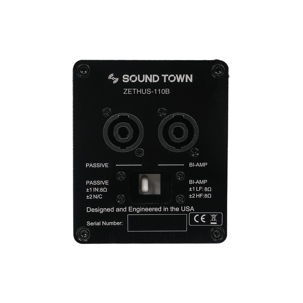 Sound Town ZETHUS-110-R ZETHUS Series 10” Two-Way Passive Line Array Loudspeaker System with Titanium Compression Driver, Full Range/Bi-amp Switchable, Black, Refurbished - Jack Plate