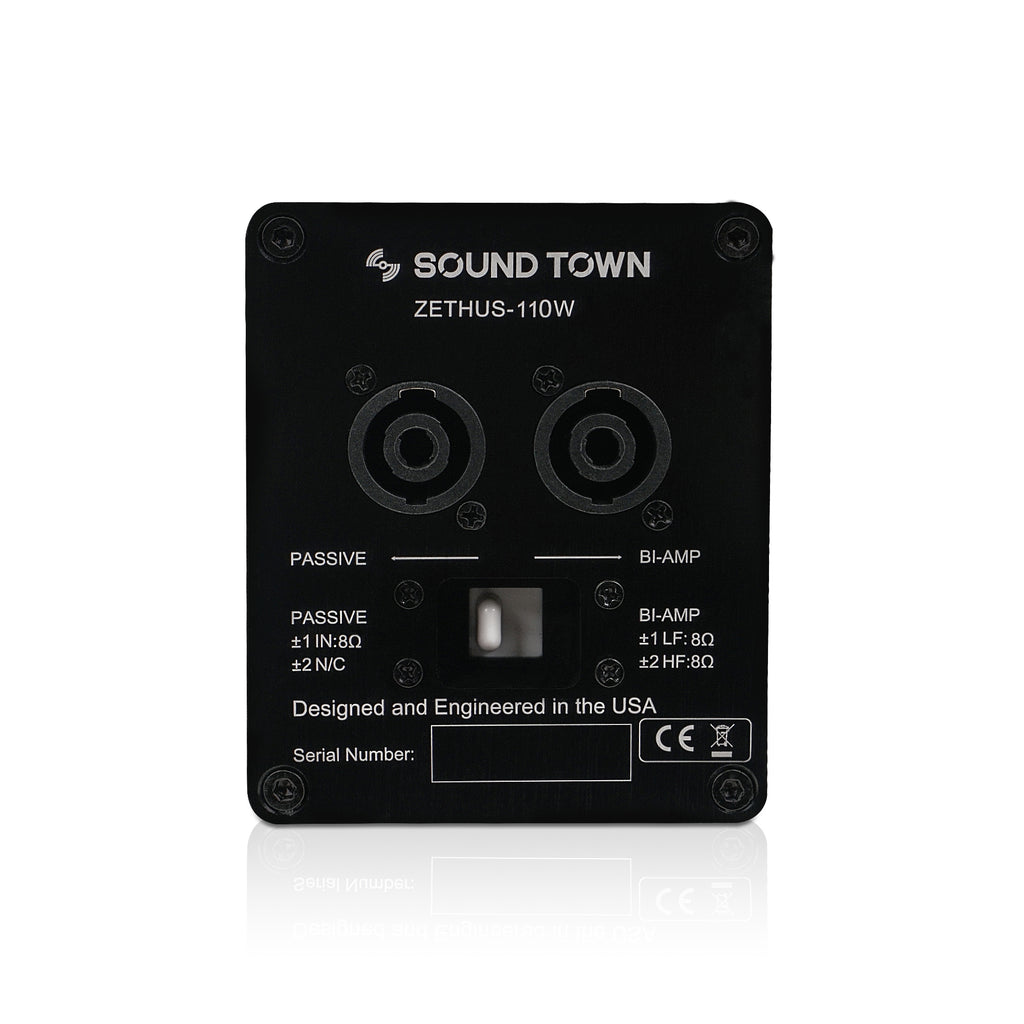 Sound Town ZETHUS-110W | 10” Passive Two-Way Line Array Loudspeaker, Full-Range/Bi-Amp Switchable, Birch Plywood, White - Jack Plate