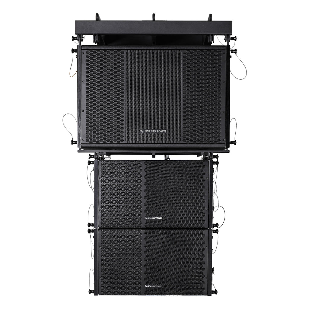 Sound Town ZETHUS-115SPW110PWX2 | ZETHUS Series Powered Line Array Speaker System w/ One 15" Subwoofer, Two 10" Loudspeakers with Onboard DSP, Black - Front Panel