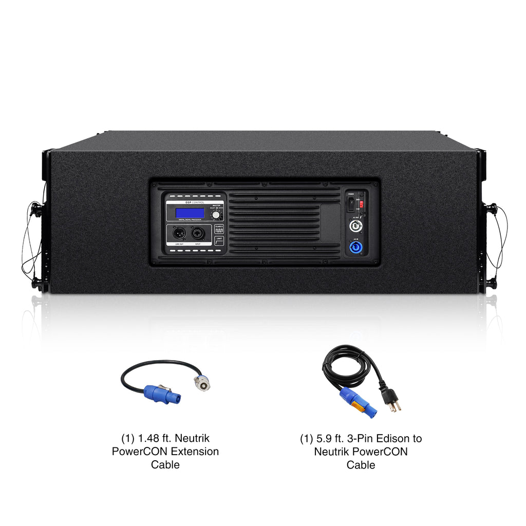 Sound Town ZETHUS-210BPW-PAIR | ZETHUS Series Pair of Dual 10-inch Powered Line Array Loudspeaker System w/ Onboard DSP, Black - Back Panel with Neutrik PowerCON Extension Cable and 3-Pin Edison to Neutrik PowerCON Cable