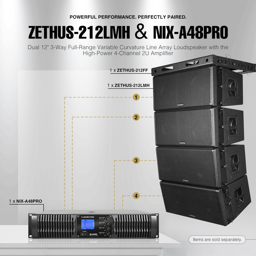 Sound Town ZETHUS-212LMH Dual 12" 3-Way 3200W Full-Range Variable Curvature Line Array Loudspeaker, w/ Coaxial Neodymium MF/HF, Neodymium LF, Plywood, Black with Recommended Amp NIX-A48PRO High-Power Class-AB 4-Channel PA DJ Power Amplifier 4 x 1800W at 4 ohm, 2U Rack Mountable with LCD Display