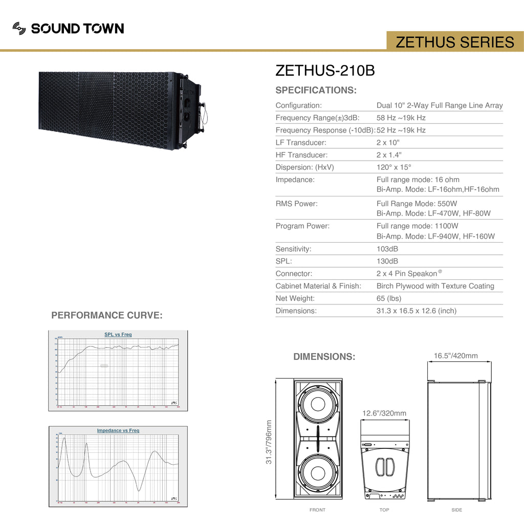 Sound Town ZETHUS-218S210X4 ZETHUS Series 2 x 10” Line Array Loudspeaker System with Dual Titanium Compression Drivers, Full Range/Bi-amp Switchable, Black - Specifications with Performance Curve, SPL vs. Frequency and Impedance vs. Frequency graphs, size and dimensions.