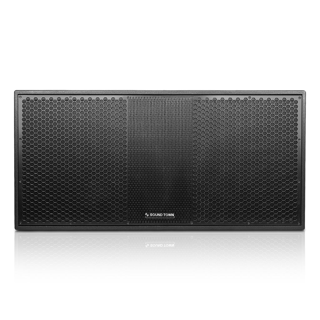 Sound Town ZETHUS-218S210X4 | ZETHUS Series Dual 18" 3200W High Power Line Array Passive Subwoofer, Bi-Amp Switchable, Black, for Stages, Bars, Clubs - Front Panel Grill