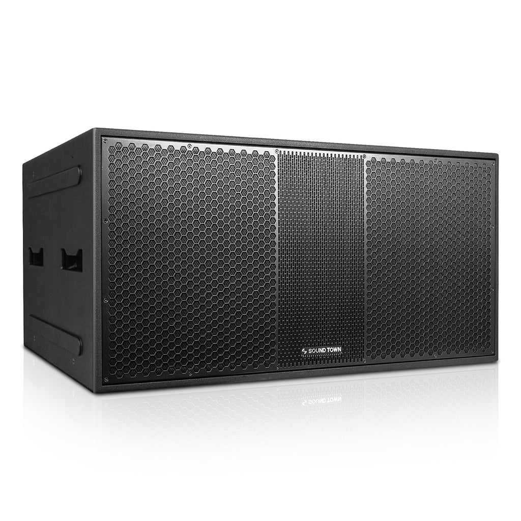 Sound Town ZETHUS-218S210X4 | ZETHUS Series Dual 18" 3200W High Power Line Array Passive Subwoofer, Bi-Amp Switchable, Black, for Stages, Bars, Clubs - Right Panel with Carry Handles