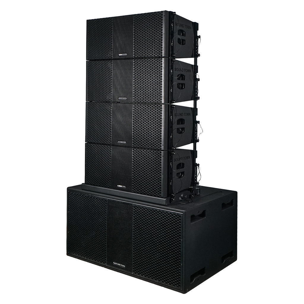 Sound Town ZETHUS-218S210X4 ZETHUS Series Line Array System with One Dual 18-inch Subwoofer, Four Compact Dual 10-inch PA Speakers, One stack adapter, Black - Left Panel