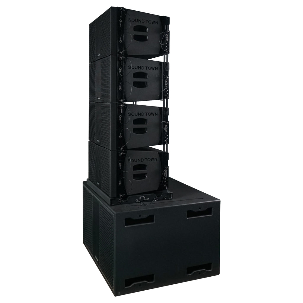 Sound Town ZETHUS-218S210X4 ZETHUS Series Line Array System with One Dual 18-inch Subwoofer, Four Compact Dual 10-inch PA Speakers, One stack adapter, Black - Side Panel