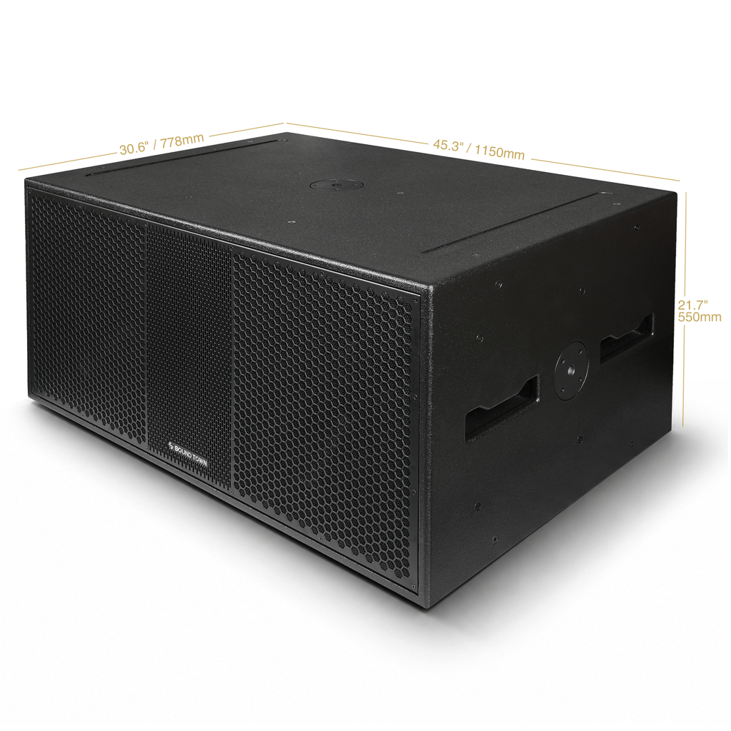 Sound Town ZETHUS-218SPW | ZETHUS Series Dual 18" Powered 3200W Line Array Subwoofer with 2-Channel Class-D Amplifier and DSP, Birch Plywood, M20 Mounting Socket, Black - Size and Dimensions