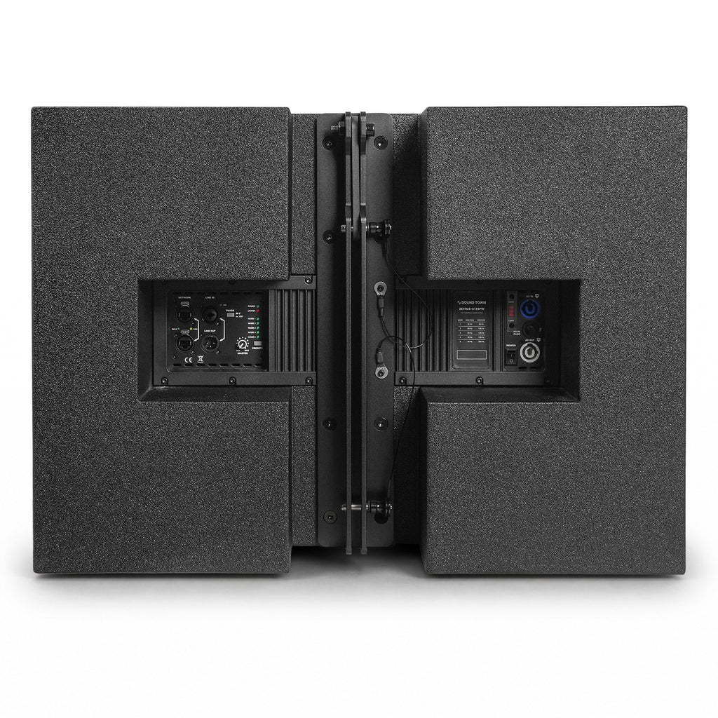 ZETHUS-A18SPW | 18" 1600W Powered Line Array Subwoofer with Class-D Amplifier, DSP Presets, Birch Plywood, Black - Back Panel