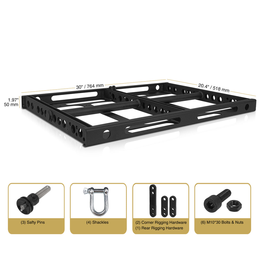 Sound Town ZETHUS-A210FF | ZETHUS Series Flying Frame for ZETHUS-A210PW Line Array Speakers-  Size and Dimensions, (3) Safty Pins, (4) Shackles, (2) Corner Rigging Hardware, (1) Rear Rigging Hardware, (6) M10*30 Bolts & Nuts Included in the Package