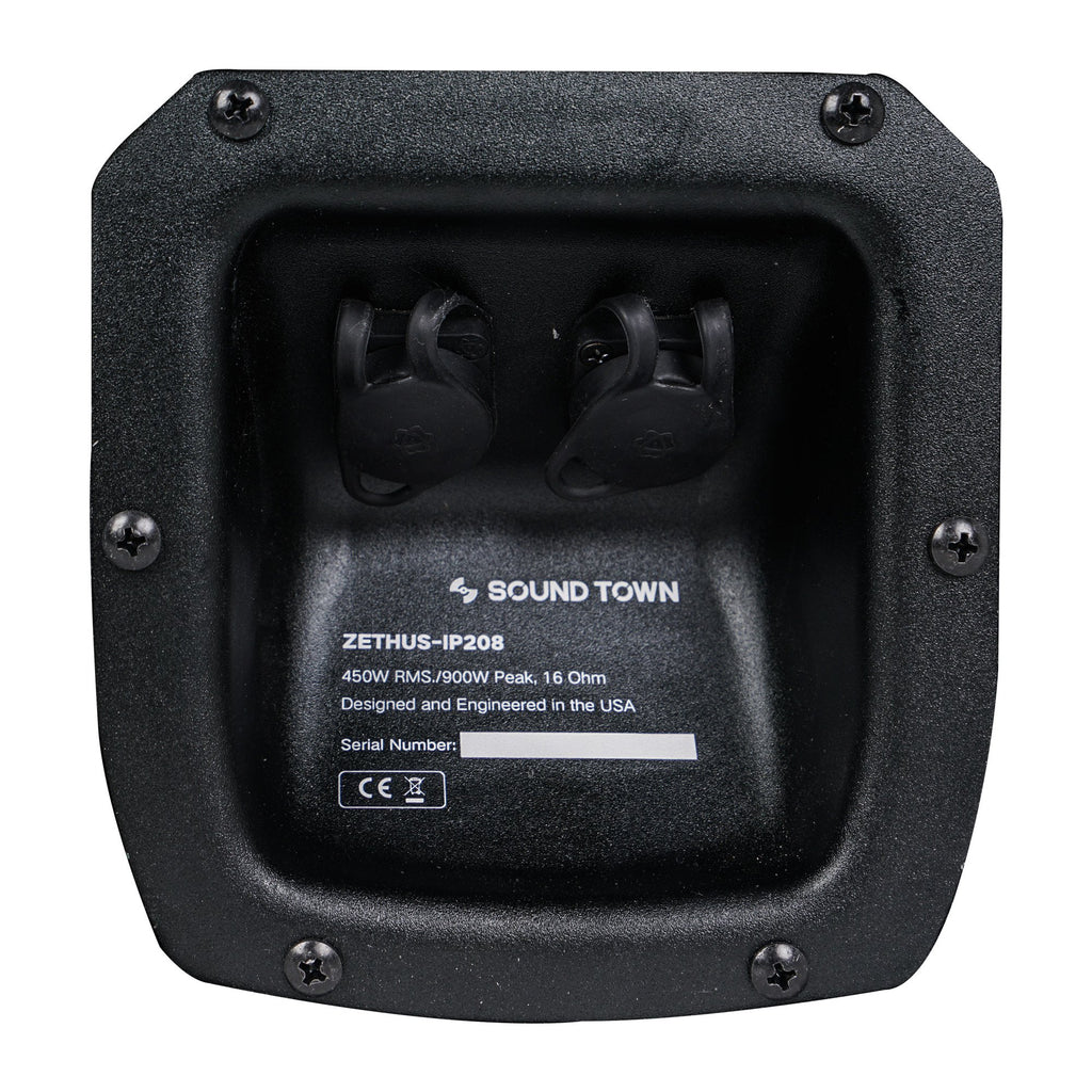 Sound Town ZETHUS-IP208 ZETHUS Series Dual 8” 900W Water-Resistant Passive Line Array Loudspeaker with 3” Titanium Compression Driver, Full Range/Bi-amp Switchable, Black - Jack Plate