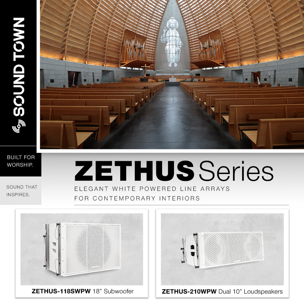 Designed for modern installations, the Sound Town ZETHUS Series blends elegant white aesthetics with professional line array performance. Featuring the ZETHUS-210WPW powered loudspeaker and ZETHUS-118SWPW powered subwoofer for refined, full-range sound.