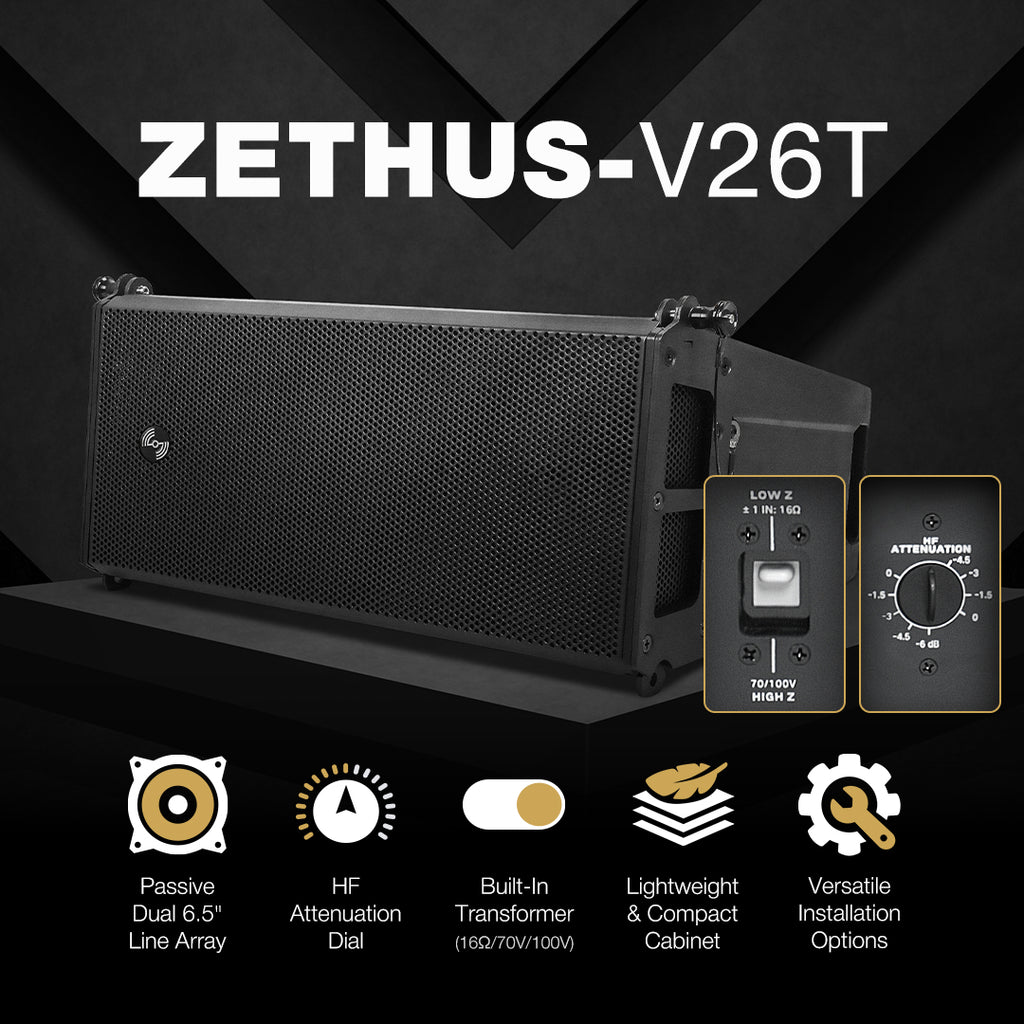 Sound Town ZETHUS-V26T | Dual 6.5" Passive Line Array Speaker Module, for Live Sound & Commercial Installation, Black - Features: HF Attenuation Dial, Built-In Transformer (70V/100V/16Ω), Lightweight & Compact, Versatile Installation Options