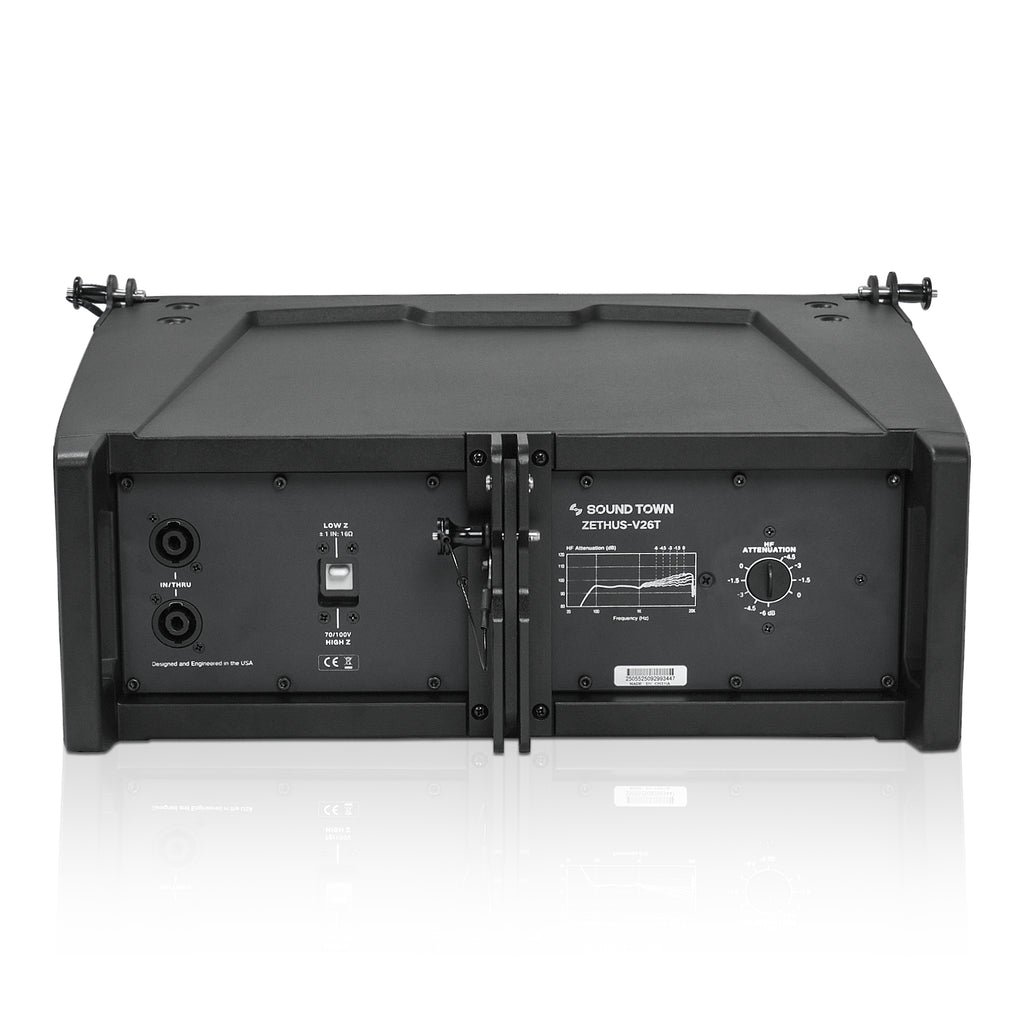 Sound Town ZETHUS-V26T | Dual 6.5" Lightweight Passive Line Array Speaker Module, 70V/100V/16Ω Impedance, HF Attenuation, Built-in Transformer, for Live Sound & Commercial Installation, Black - Back Panel with Speakon Inputs and Low-Z High-Z Switch Selector