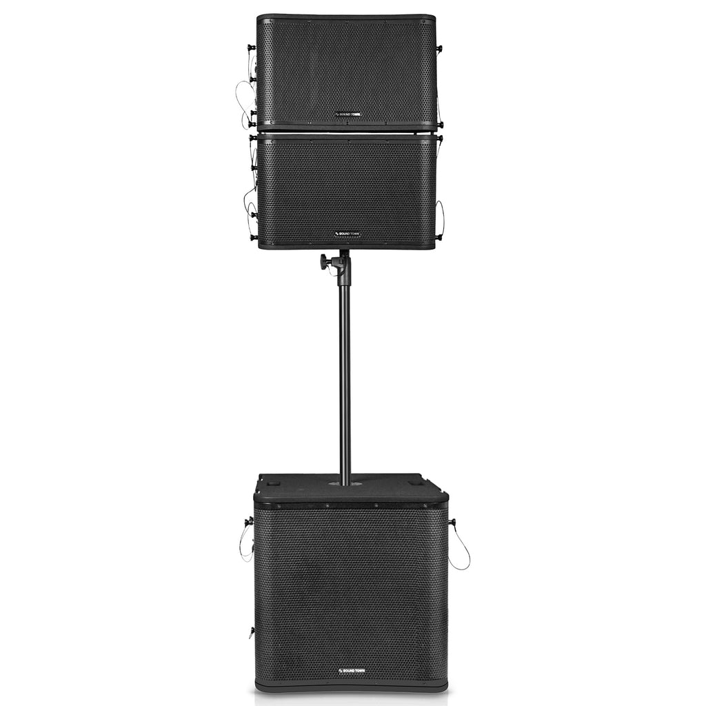 Sound Town ZETHUS-VX118SPW112BPWX2 | ZETHUS Series Powered Line Array System w/ One 18" Subwoofer, Two 12" Loudspeakers, Versatile Installations, Black - Front View