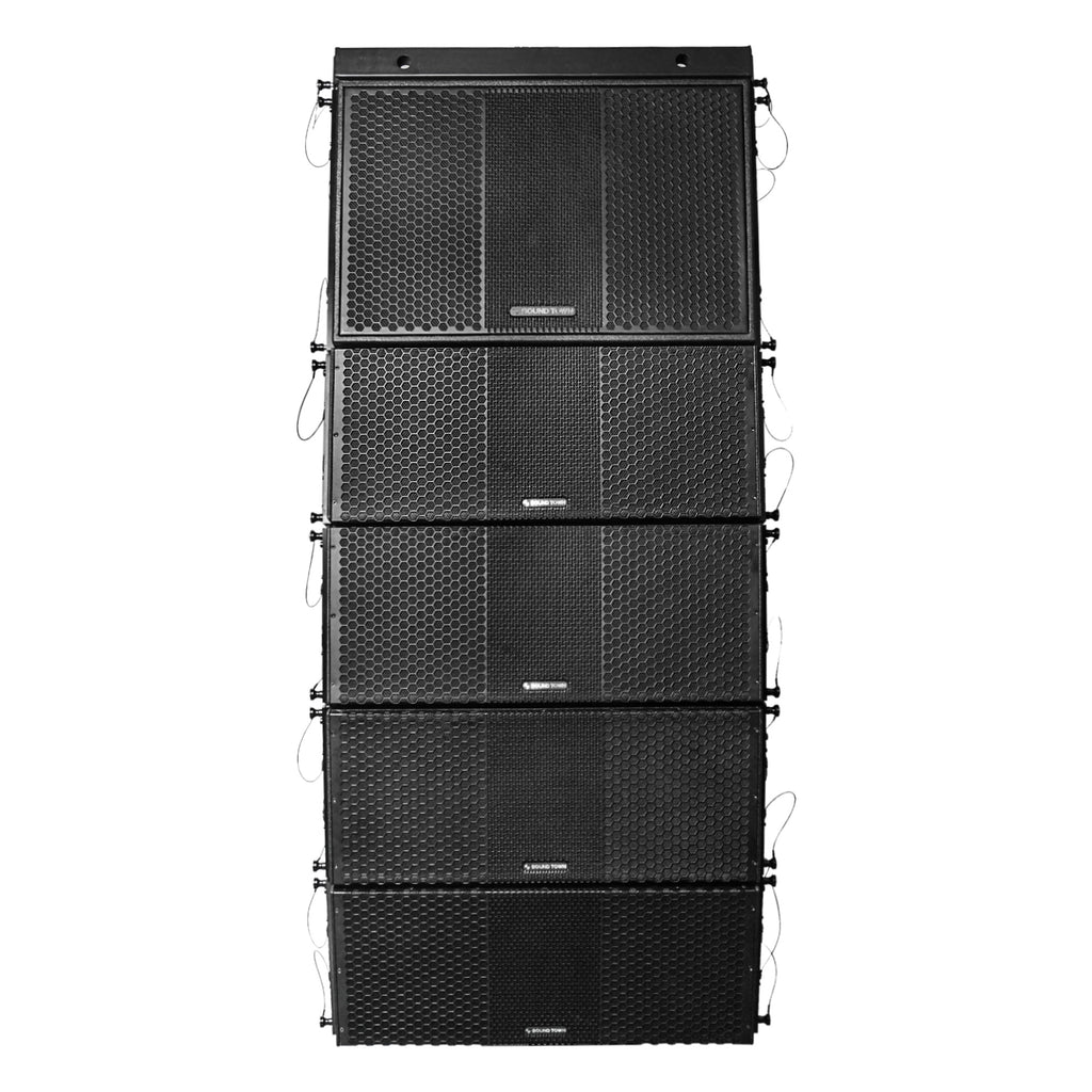 Sound Town ZS-118SPW210BPWX4 | ZETHUS Series Powered Line Array System with 18" Subwoofer, Four Dual 10" Loudspeakers & Flying Frame, Class-D Amp, DSP, Black - Front Panel