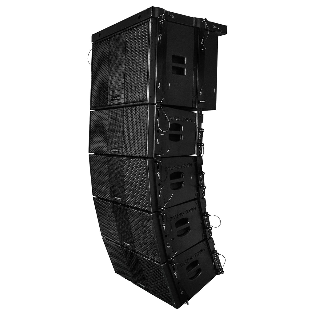 Sound Town ZS-118SPW210BPWX4 | ZETHUS Series Powered Line Array System with 18" Subwoofer, Four Dual 10" Loudspeakers & Flying Frame, Class-D Amp, DSP, Black - Left View