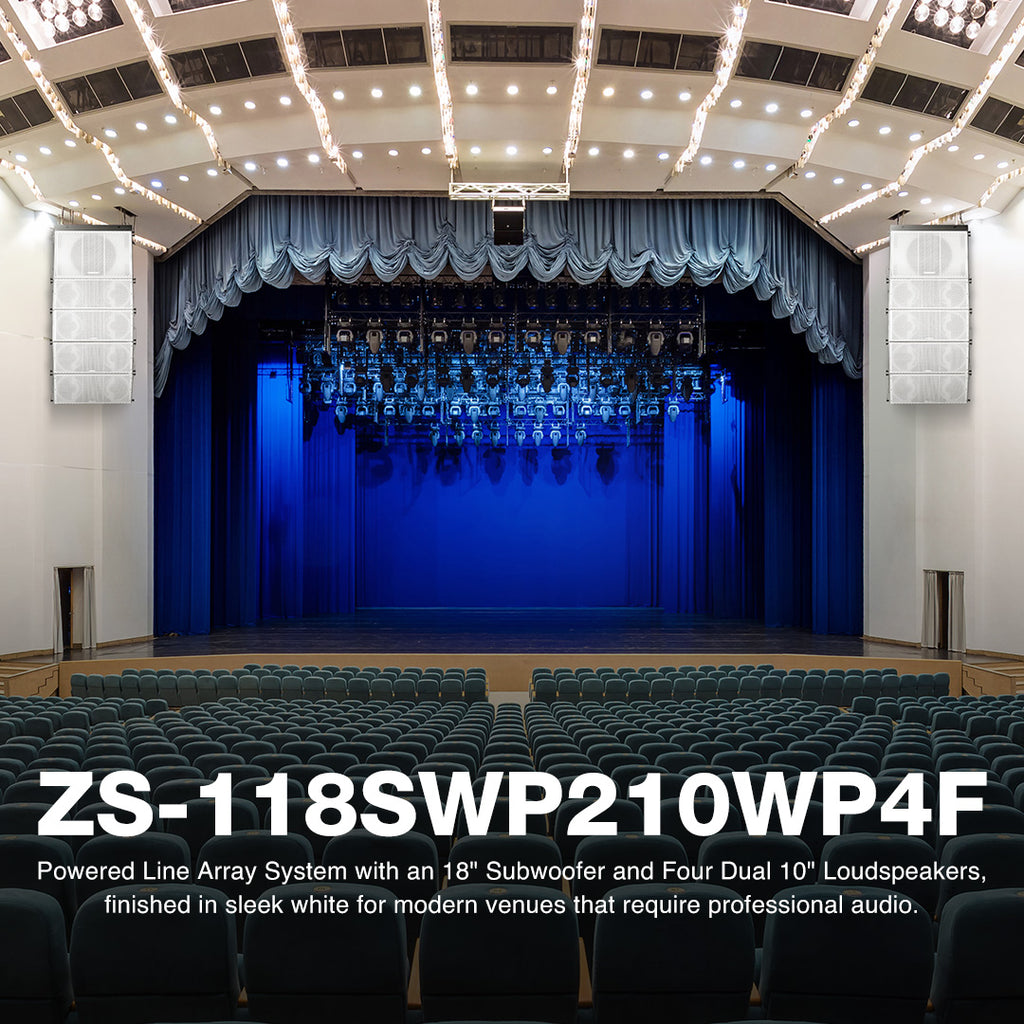 Sound Town ZS-118SWP210WP4F | ZETHUS Series Powered Line Array System with 18" Subwoofer, Four Dual 10" Loudspeakers and Flying Frame, Class-D Amp, DSP, White - Churches, Schools, Clubs, Auditoriums, and Modern Installation Spaces