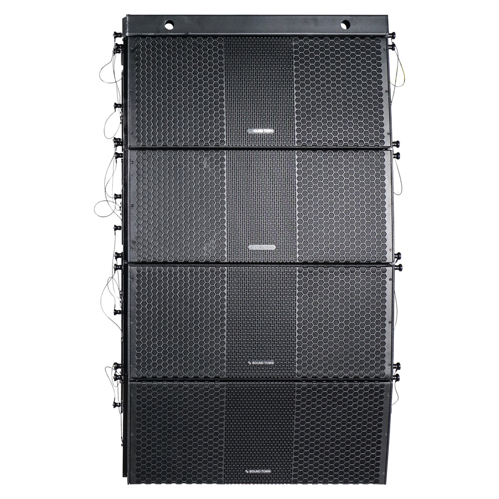 Sound Town ZS-210BPWX4 | ZETHUS Series Powered Line Array System with Four Dual 10" Loudspeakers and Flying Frame, Class-D Amp, DSP, Black - Front Panel